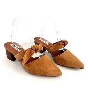 Chelsea & Violet Cognac Brown Suede MOLLY Bow Mules Leather Upper Size 8.5
